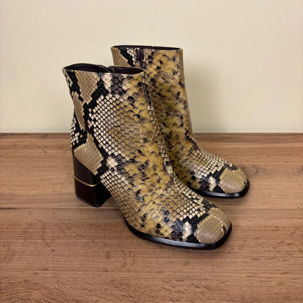 TORY BURCH Snakeskin-Embossed Leather Ankle Boots Sand Drift Women Size 5.5 Heel